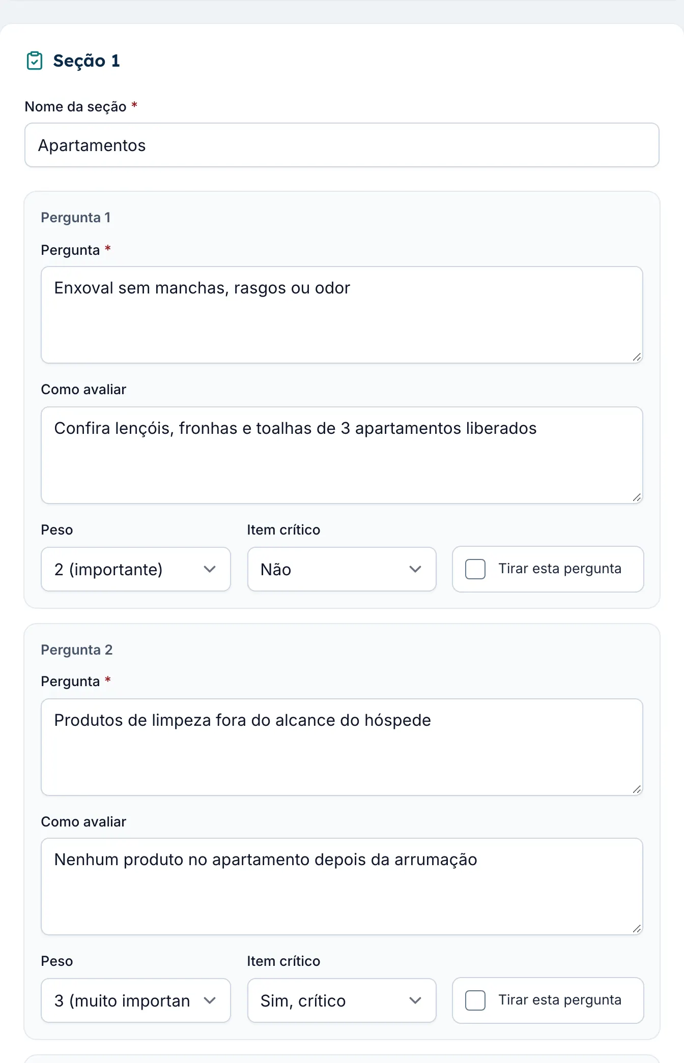 Revisão do checklist importado pela IA, com as perguntas, como avaliar, o peso e o item crítico de cada uma, para conferir antes de criar o modelo