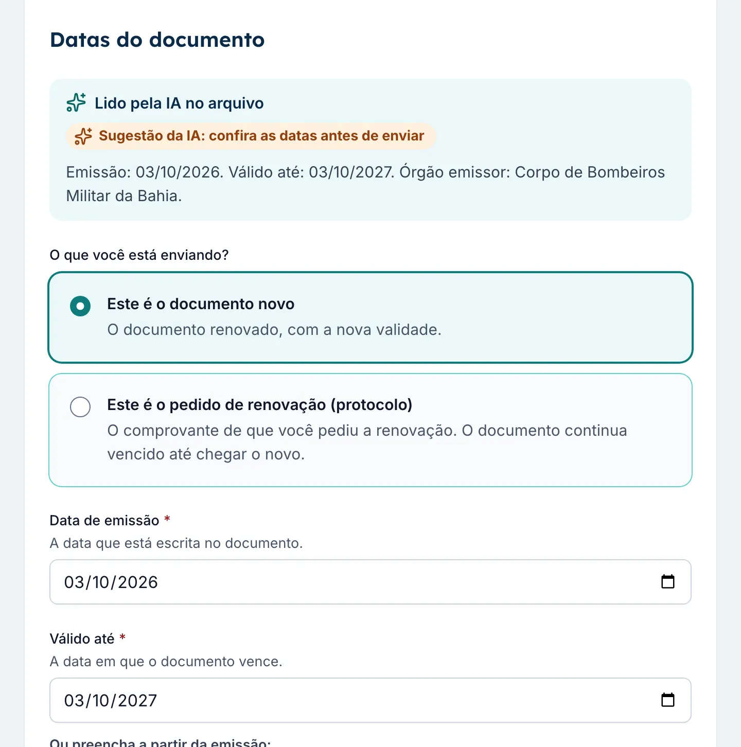 Envio do AVCB no Hotel em Dia: a IA leu o arquivo e preencheu a data de emissão, a validade e o órgão emissor, com o aviso para conferir antes de enviar