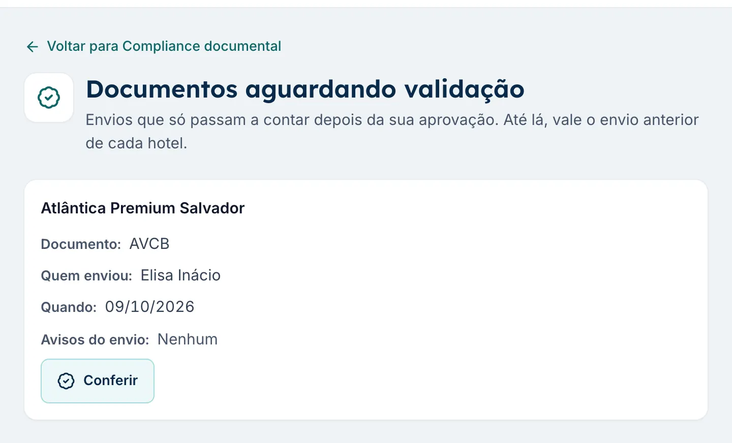 List of documents awaiting approval by the corporate team, with the hotel, the uploaded document and the buttons to approve or send back